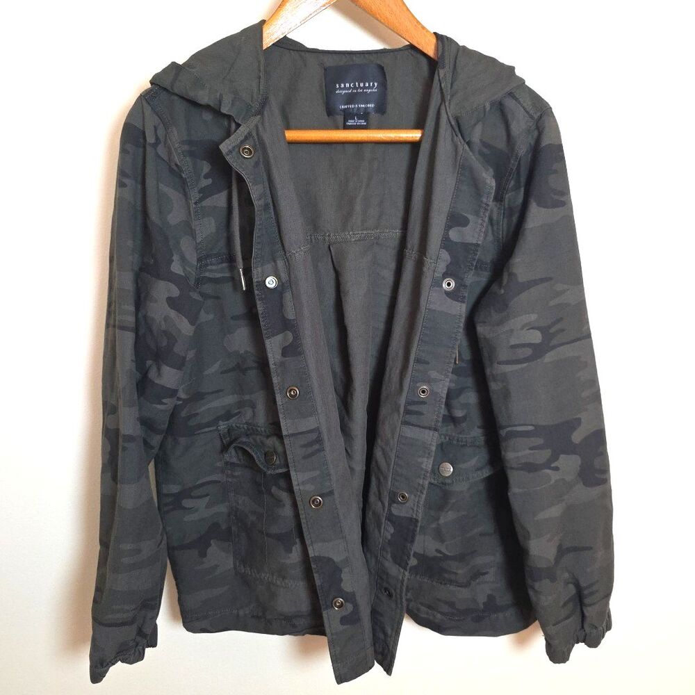 Sanctuary Hoodie Jacket Women's Camo Top w/ Snaps, Pockets L/S Green L